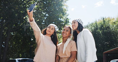 Buy stock photo Selfie, keffiyeh and activist with friends in city for protest post, human rights or social justice. Palestine relief, community and online support with women outdoor for genocide awareness and smile