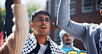 March, keffiyeh and activist with man in city for protest, human rights and social justice. Palestine relief, community and revolution support with people outdoor for genocide awareness and peace