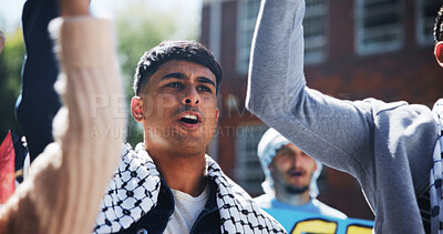 Buy stock photo March, keffiyeh and activist with man in city for protest, human rights and social justice. Palestine relief, community and revolution support with people outdoor for genocide awareness and peace