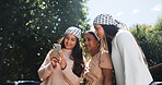 Phone, Palestine and activist with friends in city for protest post, human rights and social justice. Gaza relief, community and online support with women outdoor for genocide awareness and keffiyeh