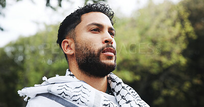 Buy stock photo Thinking, man and outdoor with keffiyeh scarf for islamic culture, Gaza protest and traditional. Person, thoughts and solidarity ideas of Palestine resistance, political awareness and support freedom
