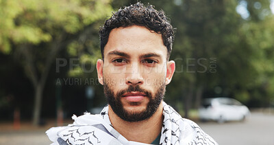 Buy stock photo Portrait, man and outdoor with keffiyeh scarf for islamic culture, Eid Mubarak and traditional. Male person, fabric and solidarity for Palestine resistance, political awareness and peace for Muslims