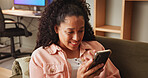 Home, smile and woman on sofa, cellphone and relax with message to contact, app and social media. Apartment, mobile user and person with smartphone and communication with chatting and online game