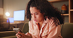 Woman, stress and phone for texting on sofa, glitch or confused for fake news story on social media. Girl, smartphone and error with mobile app, breakup and sad with contact on couch at apartment