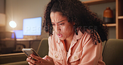 Buy stock photo Woman, stress and phone for texting on sofa, glitch or confused for fake news story on social media. Girl, smartphone and error with mobile app, breakup and shock with contact on couch at apartment