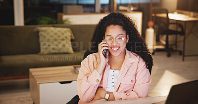 Buy stock photo Woman, happy and phone call at night, home and listening with contact, chat or story in living room. Girl, smartphone and conversation with smile, discussion or funny gossip in lounge at apartment