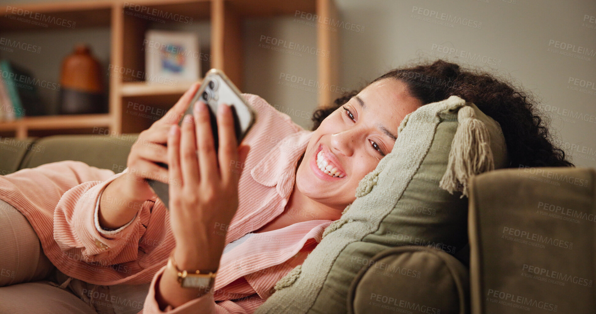 Buy stock photo Woman, relax and excited on sofa for phone, online chat and match on dating website with contact. Home, female person and happiness with mobile for app, friend request or notification on social media