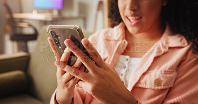 Buy stock photo Hands, woman and typing with phone at house for communication, social media and chat to contact. Search, female person and mobile for browsing website, texting app and message of notification update