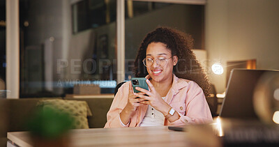 Buy stock photo Smile, woman and typing with phone at house for communication, social media and chat at night. Female person, mobile and browsing website, texting app and notification with message update of overtime