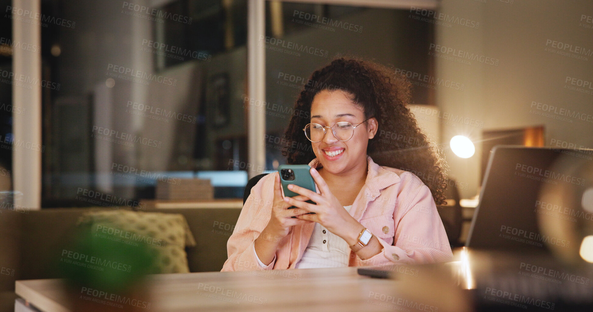 Buy stock photo Smile, woman and typing with phone at house for communication, social media and chat at night. Female person, mobile and browsing website, texting app and notification with message update of overtime