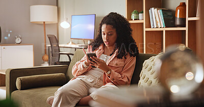 Buy stock photo Home, surprise and woman on sofa, smartphone and relax with message to contact, app and wow. Shocked, mobile user and happy person with cellphone, winner and communication with chatting, omg and text