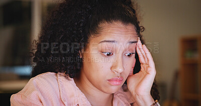 Buy stock photo Woman, headache and student with stress in home for mental health, depression and crisis. University burnout, college anxiety and tired girl with migraine pain or fatigue in house living room