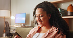 Home, smile and woman on sofa, cellphone and relax with message to contact, app and chatting. Apartment, mobile user or happy person on couch, smartphone or communication with email or online reading