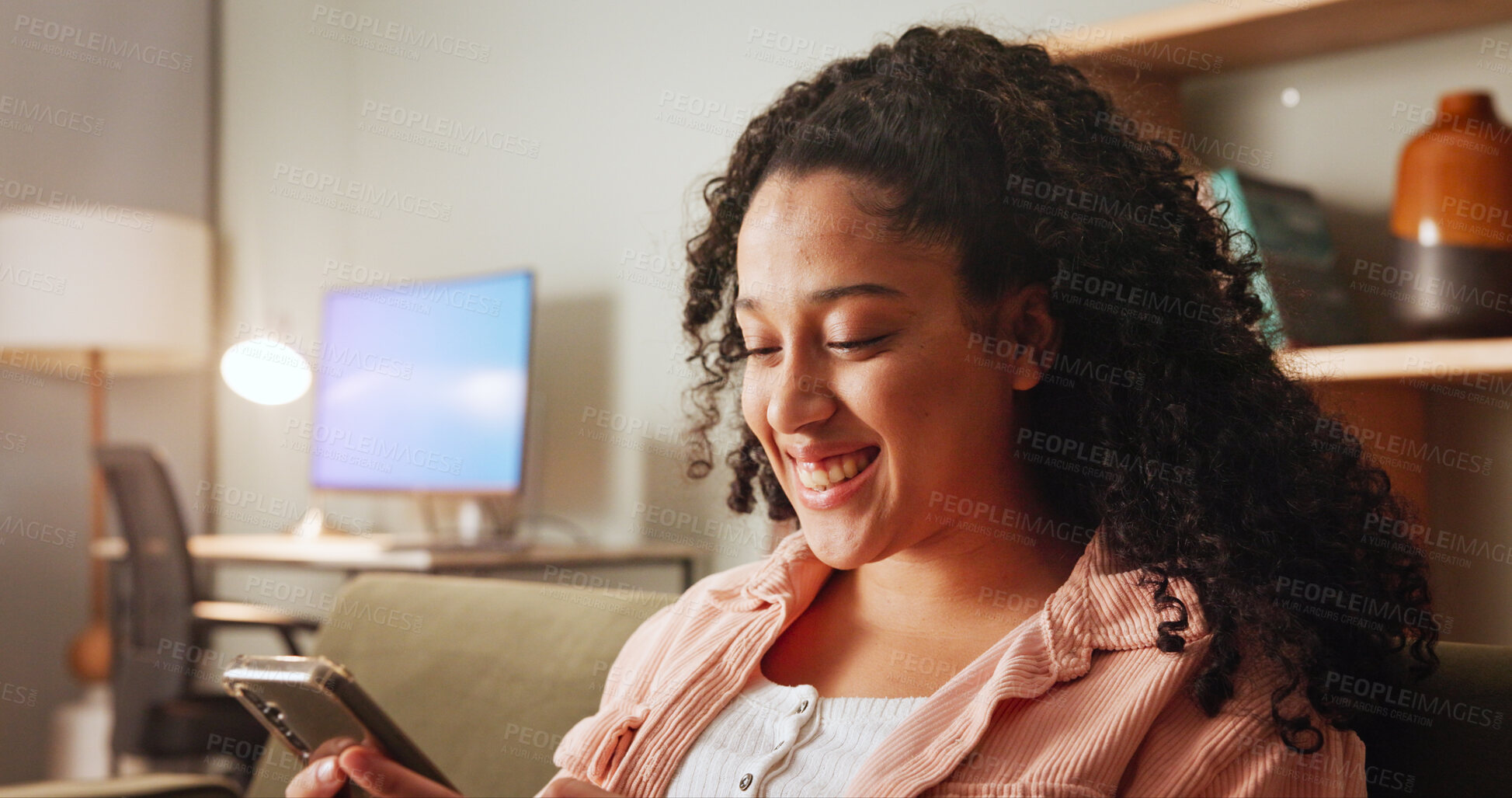 Buy stock photo Home, smile and woman on sofa, cellphone and relax with message to contact, app and chatting. Apartment, mobile user or happy person on couch, smartphone or communication with email or online reading