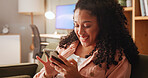 Home, smile and woman on sofa, cellphone and relax with message to contact, app and social media. Online game, email and happy person on couch, smartphone and communication with chatting and texting