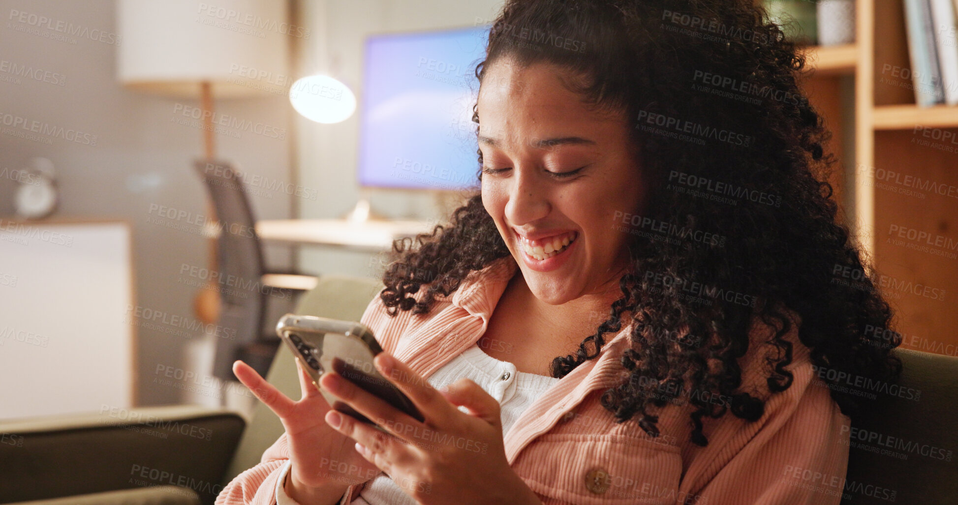 Buy stock photo Home, smile and woman on sofa, cellphone and relax with message to contact, app and social media. Online game, email and happy person on couch, smartphone and communication with chatting and texting