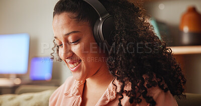 Buy stock photo Smile, woman and relax with headphones at house for listening to music, streaming audio and playlist. Happy, female person and tech for online podcast, sound connection or subscribe for entertainment