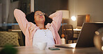 Relax, laptop and woman in office at night with finished project for deadline, goal or achievement. Calm, computer and copywriter with completed easy task for publishing with target in workplace.