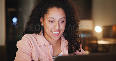 Buy stock photo Night, laptop and woman in home office for remote work, reading and ghost writer editing draft. Computer, late and happy freelancer with creative project for article publication, blog and research
