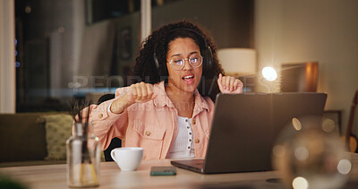 Buy stock photo Woman, dancing and night with headphones at house for listening to music, streaming audio and study. Person, sing and energy with laptop for podcast, movement and subscribe for learning entertainment