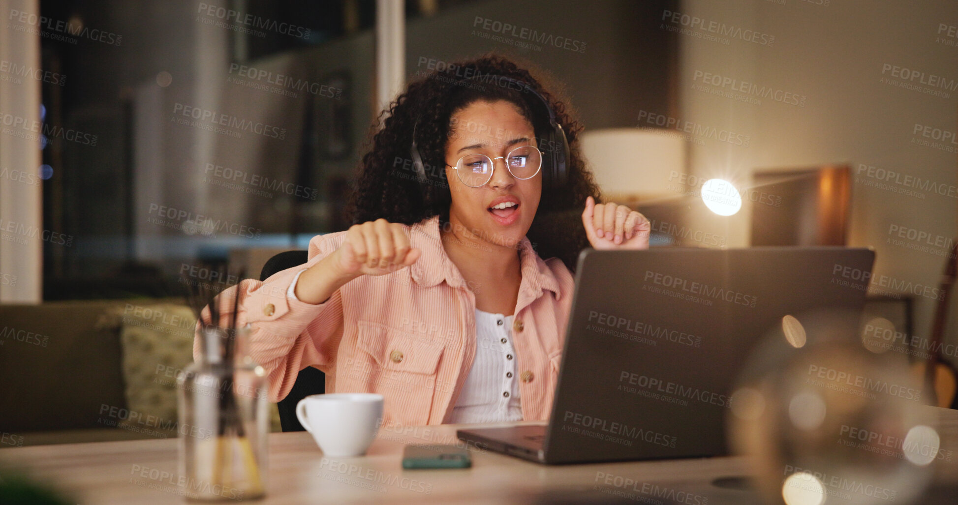 Buy stock photo Woman, dancing and night with headphones at house for listening to music, streaming audio and study. Person, sing and energy with laptop for podcast, movement and subscribe for learning entertainment