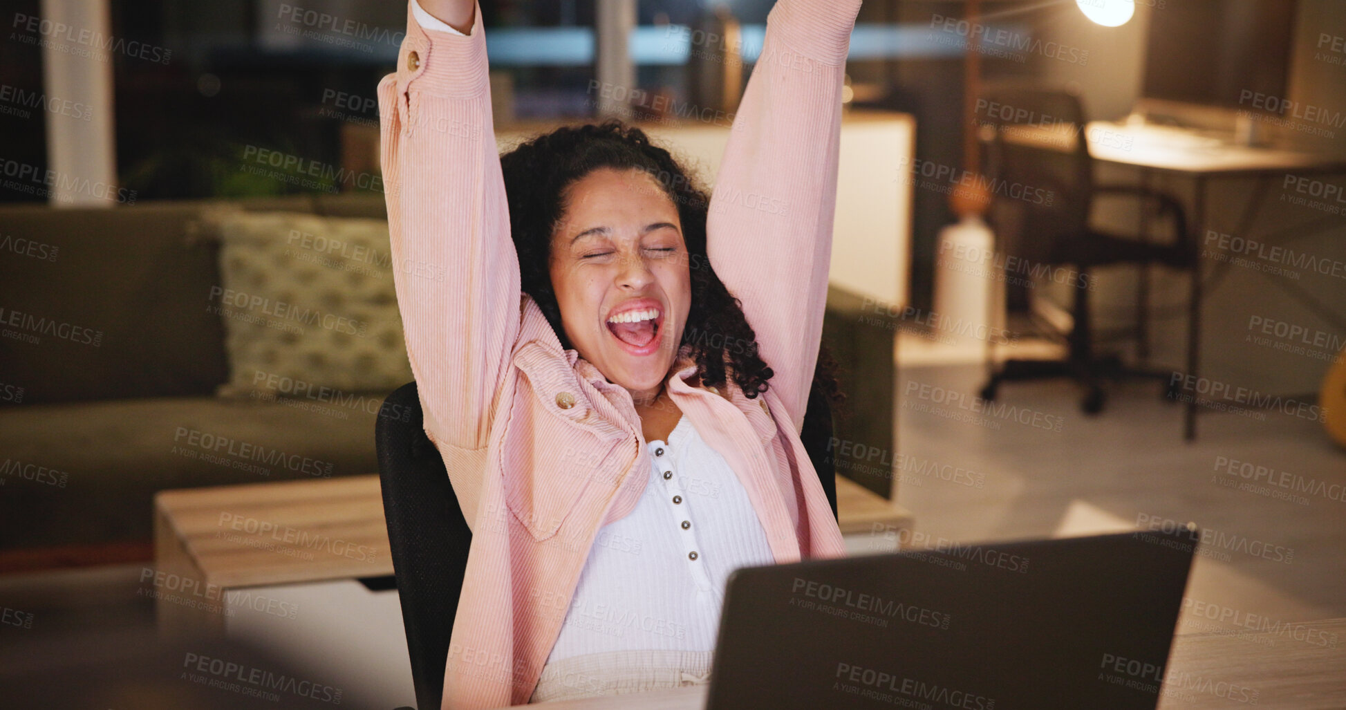 Buy stock photo Student, girl and celebration with laptop in home at night for test results, good news or success. Education, elearning or excited person with tech for scholarship approval or late thesis submission