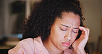 Woman, headache and tired student with stress in home for mental health, depression and crisis. University burnout, college anxiety and girl with migraine, pain or fatigue in house living room