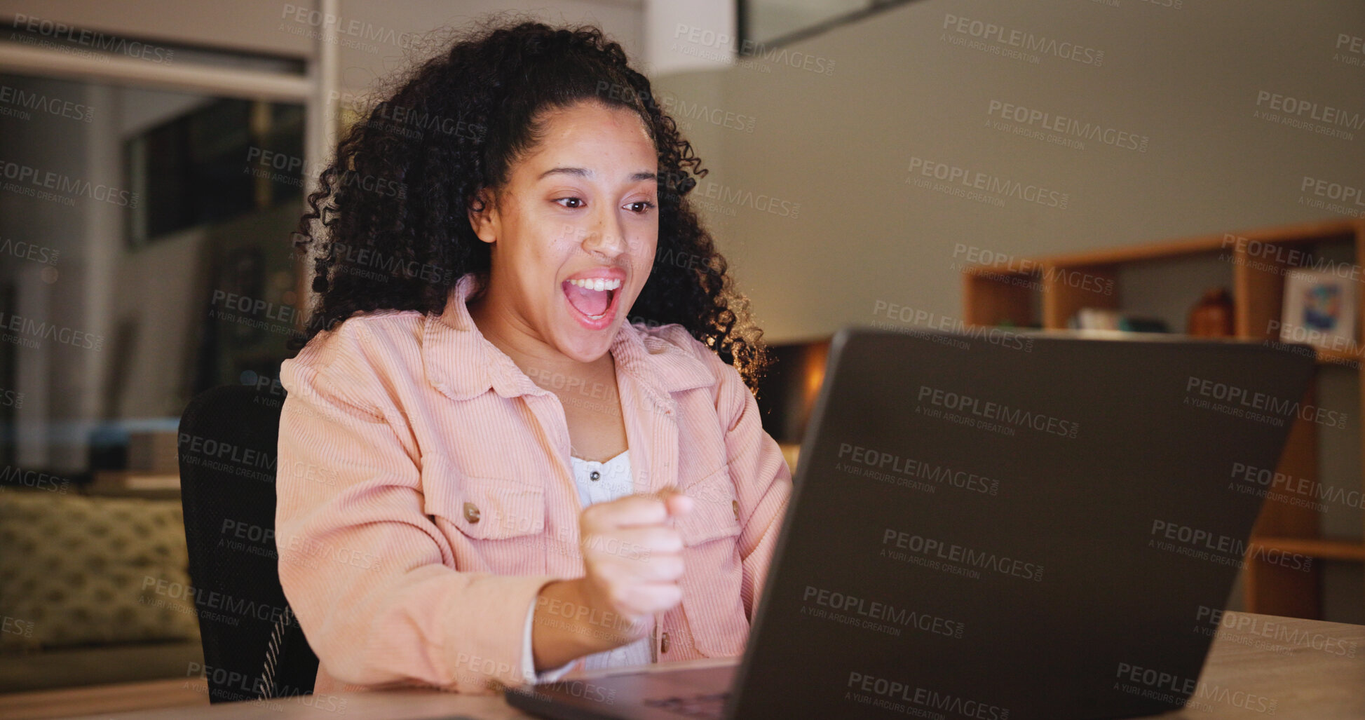 Buy stock photo Student, girl and surprised with laptop in home at night for exam results, good news or success. Education, elearning or excited person with late notification for scholarship approval or opportunity