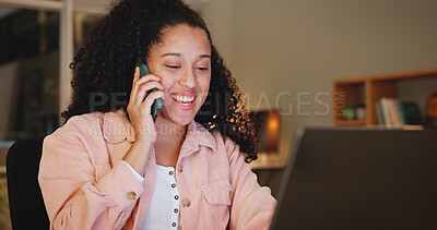 Buy stock photo Remote work, phone call and woman with laptop, excited and home with good news at night. Online, late and happy freelancer with mobile, PC and digital app with smile, achievement and funding approval