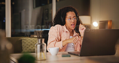 Buy stock photo Woman, headphones and laptop with singing in home at night with elearning, sound and subscription. Girl, student and listen to music with computer, dancing and voice for karaoke in dark apartment
