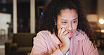 Student, woman and stress with laptop in home for night study, exam pressure and essay deadline. Education, overwhelmed and girl reading thesis with burnout for online course, elearning and workload