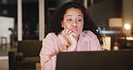 Student, woman and bored with laptop in home for night study, research project and essay deadline. Education, fatigue and girl reading thesis with burnout for online course, elearning and overworked