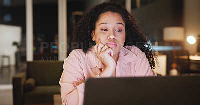 Buy stock photo Student, woman and bored with laptop in home for night study, research project and essay deadline. Education, fatigue and girl reading thesis with burnout for online course, elearning and overworked
