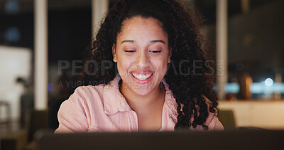 Buy stock photo Night, computer and woman in home office for hybrid work, reading or ghostwriter editing blog. Tech, late or happy freelancer with creative project, draft approval or client recognition with feedback