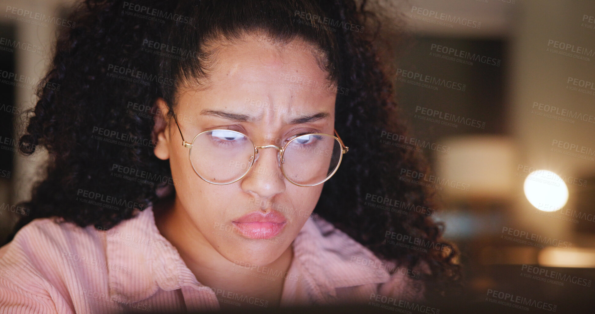 Buy stock photo Woman, student and stress at night with home education, e learning and research. Thinking, reading and person with fatigue, burnout and essay for online course, university and assignment deadline