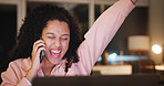 Remote work, phone call and woman with laptop, celebration and home with good news. Apartment, night and freelancer with cellphone, pc or cheering with funding for creative project, smile or feedback