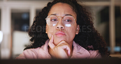 Buy stock photo Student, girl and laptop with thinking in home for test research, exam preparation and night. Reflection, person and reading online info for thesis, learning course and concentrate on problem solving