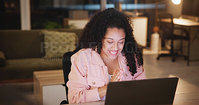 Buy stock photo Night, remote work and woman with laptop, smile and excited with website info, writer and creative. Evening, person or freelancer with computer, internet and research for proposal, home or connection
