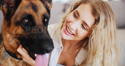 Buy stock photo Home, petting and woman with rescue animal, smile or love for dog in living room, care and together. Happy, German shepherd and person with canine, bonding or loyalty for furry companion in apartment