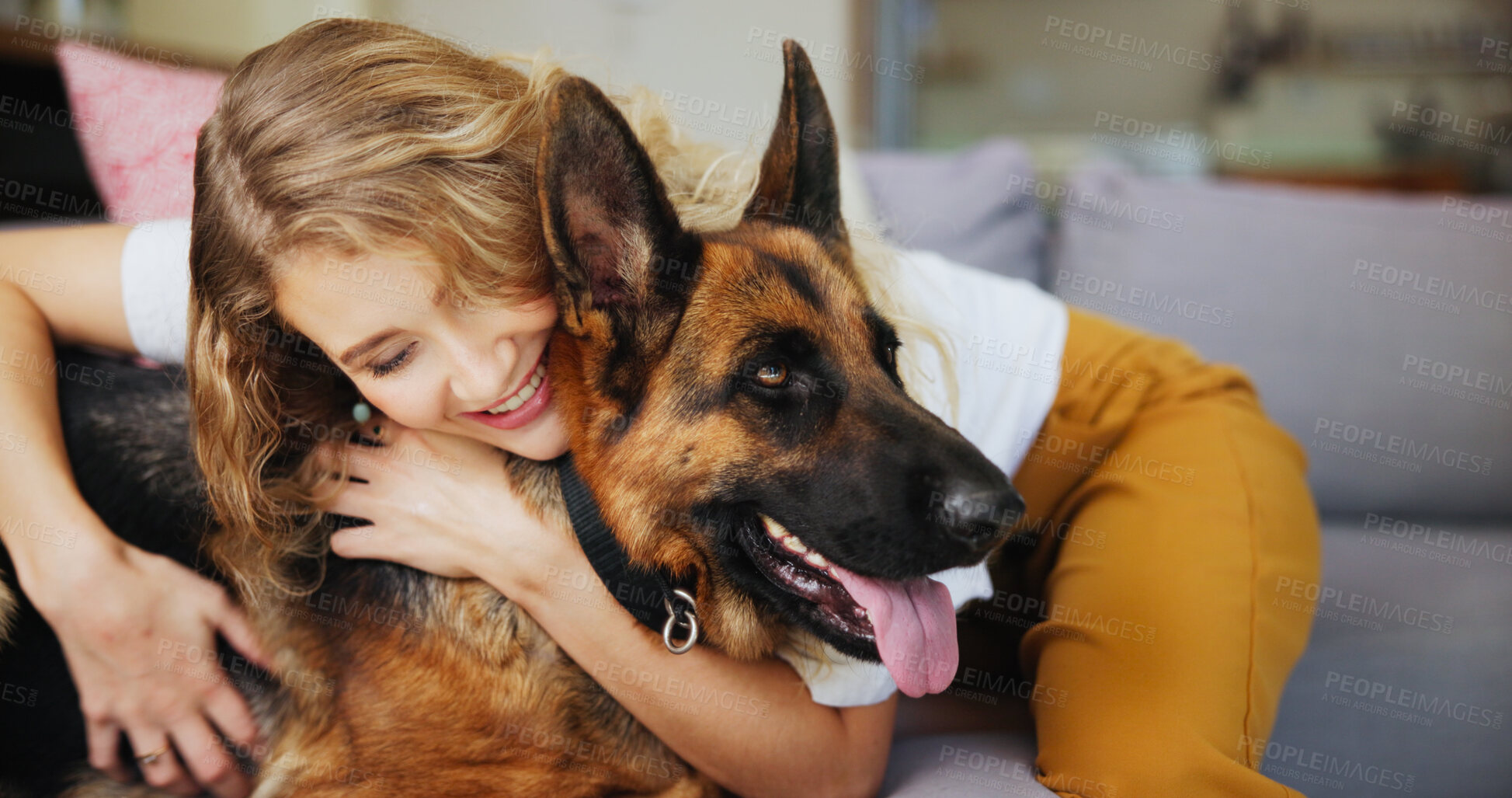 Buy stock photo Home, woman and hug for dog, care and affection for german shepherd in living room or rescue animal. Happy, adoption and person with pet in lounge, bonding or love for canine with loyalty in house