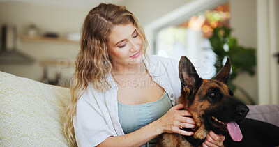 Buy stock photo Home, dog and woman on sofa, smile and bonding together with love, kindness and happiness. Apartment, best friends and person on couch, pet owner and affection with weekend break, care and animal