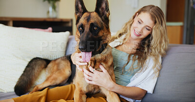 Buy stock photo Home, woman and affection for dog, hug or love for german shepherd in living room, pet and adoption. Happy, owner and person with rescue animal in lounge, bonding and care for canine with loyalty