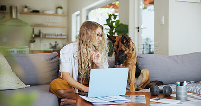 Buy stock photo Laptop, relax and dog with woman on sofa for pet insurance research, premium benefits and post. Animal policy cover, typing and application with person and german shepherd at home for vet claims