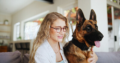 Buy stock photo Home, woman and dog in living room, hug and affection for german shepherd, love and domestic canine. Happy, owner and person with rescue animal in lounge, embrace and care for companion with loyalty