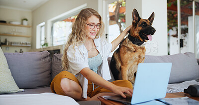 Buy stock photo Laptop, smile and dog with woman on sofa for pet insurance research, premium benefits and online. Animal policy cover, typing and application with person and german shepherd at home for vet claims
