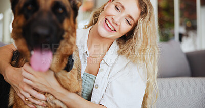 Buy stock photo Hug, woman and dog in living room, love or affection for german shepherd, adoption or rescue animal. House, owner and person with domestic canine, embrace and comfort for companion with loyalty