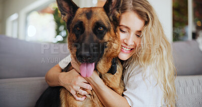 Buy stock photo Home, woman and hug for dog, living room and affection for german shepherd, companion and apartment. Happy, owner and person with domestic animal, embrace and love for rescue pet in lounge or house