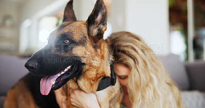 Buy stock photo Apartment, woman and hug for dog, living room and affection for german shepherd, companion and home. Happy, owner and person with domestic animal, embrace and love for rescue pet in lounge or house