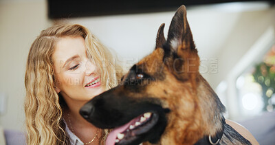 Buy stock photo Happy, woman and bonding with dog, home and affection for german shepherd in living room and canine. Smile, owner and person with rescue animal in lounge, love and care for companion with loyalty