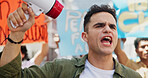 Angry, rally or man with bullhorn in street for announcement, human rights or power. People, revolution and crowd in protest with megaphone for activism, justice or community for change in government